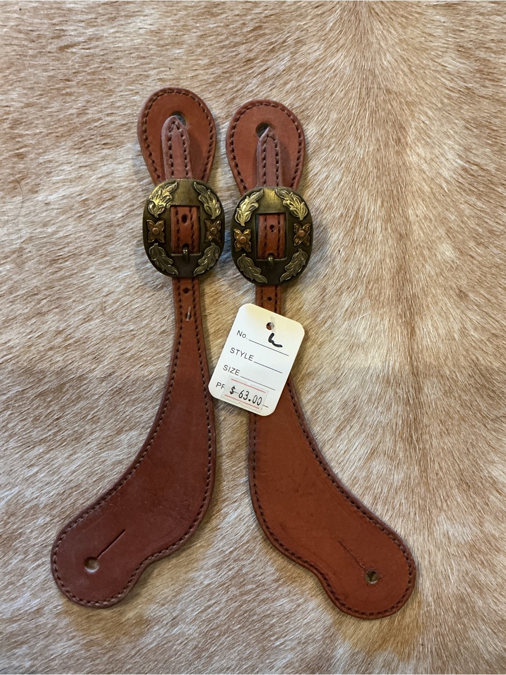 Men's Brown Leather Spur Straps with Decorative Brass Buckles